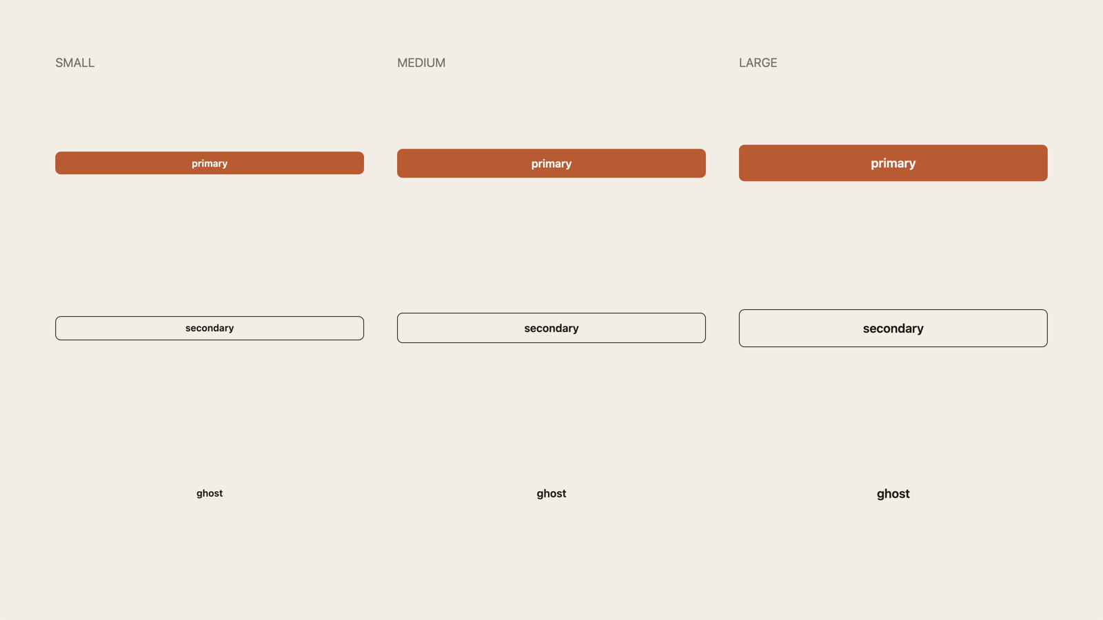 Button showcase preview — 1600×900, linen background, 3×3 matrix of button variants (primary / secondary / ghost) at small / medium / large sizes, column labels above