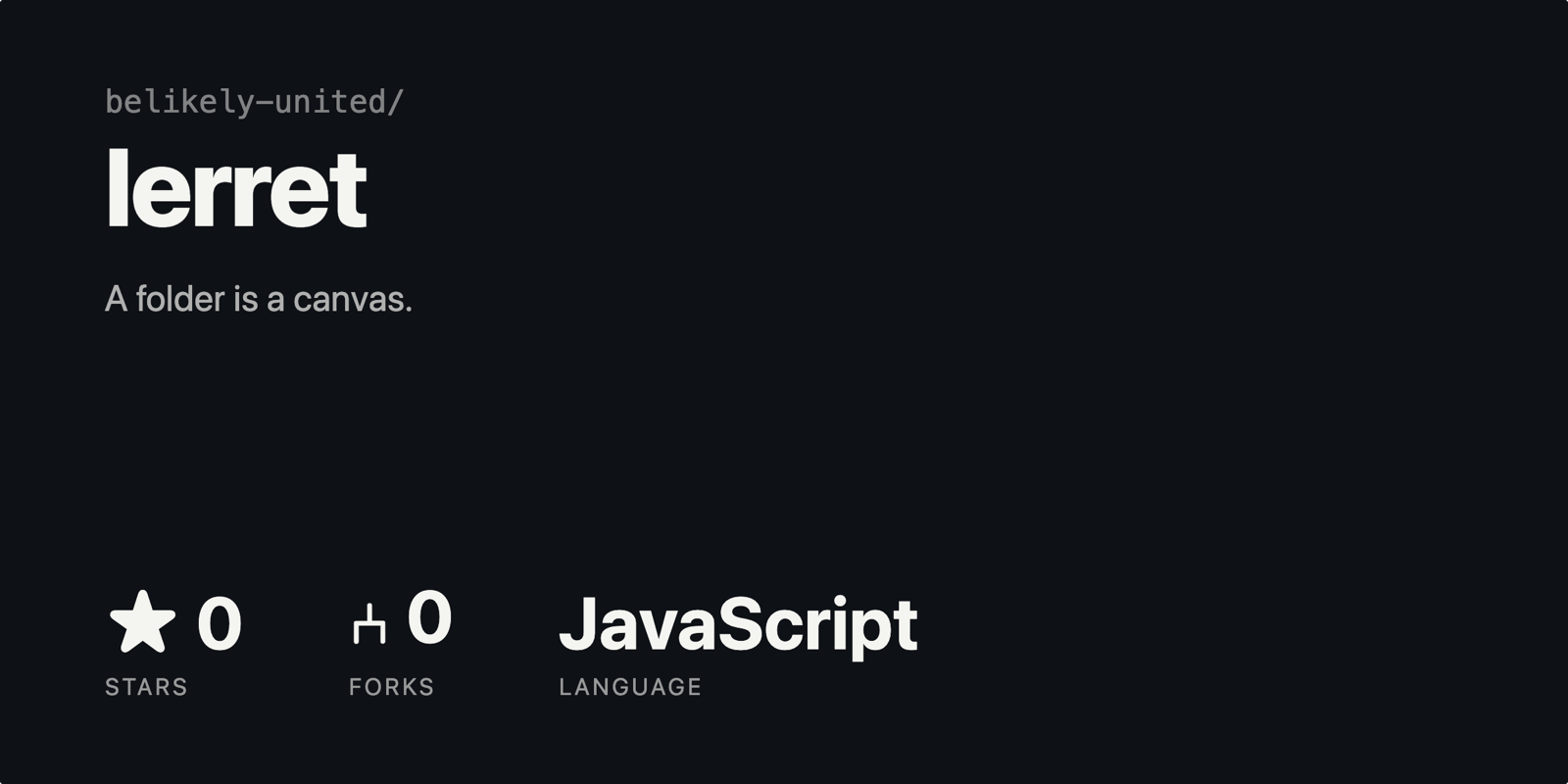 GitHub repo card preview — 1200×600, dark background, "belikely-united/lerret" with tagline "A folder is a canvas.", stat row showing 127 stars, 9 forks, JavaScript language